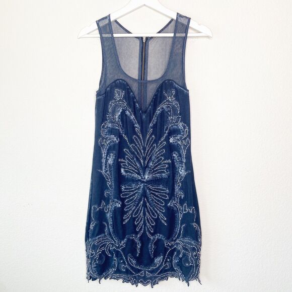 Free People New Times Ice Ice Baby Blue Gray Beaded Mesh Dress Sz S - Picture 2 of 9